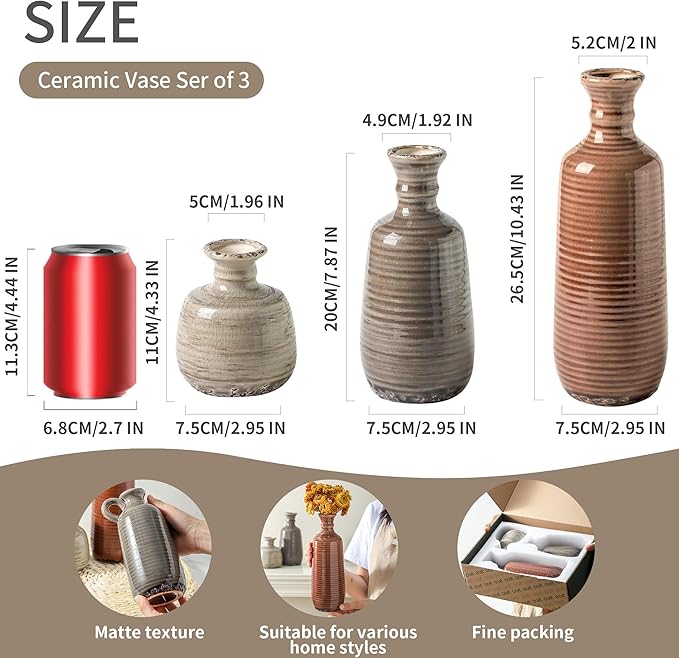 Ceramic Vases Set of 3, Neutral Rustic Farmhouse Vases Home Decor Decorative Flower Vase Modern Boho Pampass Vase for Table Mantel Entryway Shelf Living Room Kitchen Bathroom - Brown-VerdiqueGarden