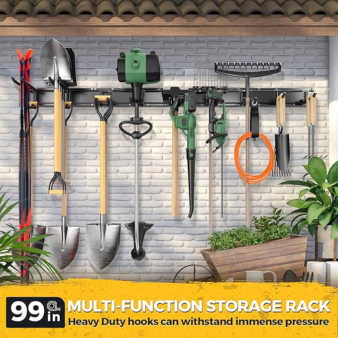 LBT 99" Garage Tool Organizer Wall Mount - 1000lbs Garden Tool Organizer with Adjustable Hooks, Heavy Duty Metal Garage Storage Rack, Anti-Rust Shed Rack Holder Hanging Rake Broom Mower Snowboard-VerdiqueGarden