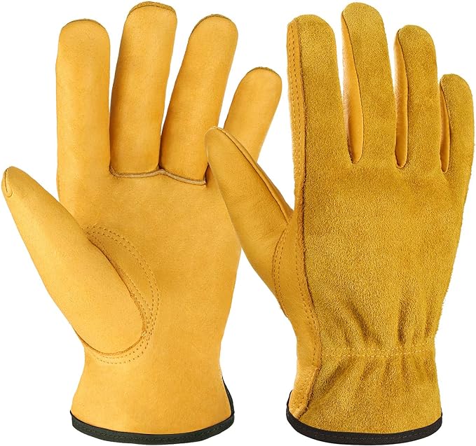 OZERO Leather Work Gloves Flex Grip Tough Cowhide Gardening Glove for Wood Cutting/Construction/Truck Driving/Garden/Yard Working for Men and Women 1 Pair (Gold,Medium)-VerdiqueGarden