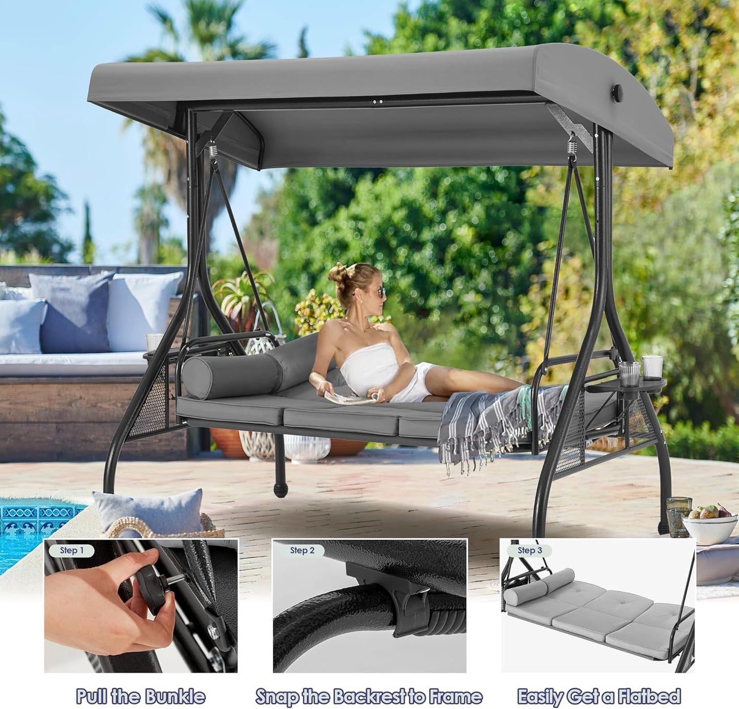 HOMREST 3 Seat Outdoor Porch Swing with 1.5" Deep Cup Holder, Adjustable Canopy,Patio Swing Bed with Stand, Patio Glider Swing with Thicken Cushions, Pillow（Grey）-VerdiqueGarden