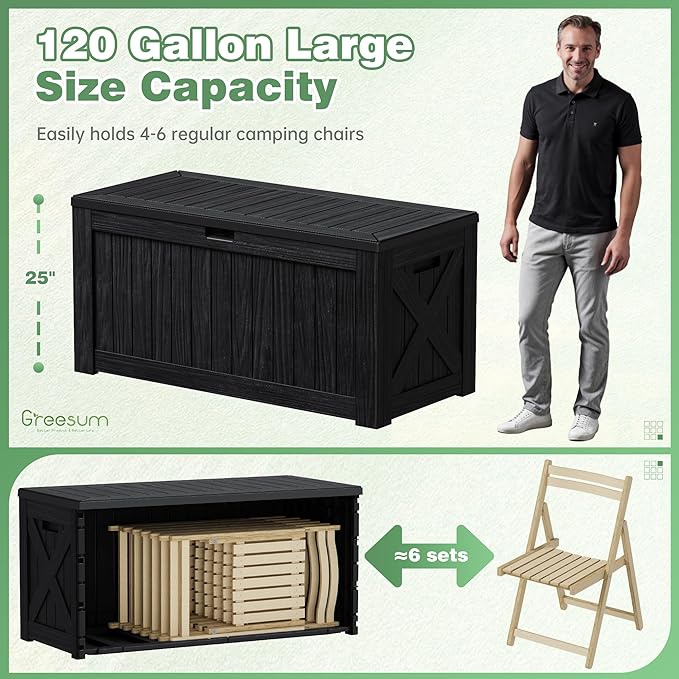 Greesum 120 Gallon Outdoor Storage Box with Lock - Large Resin Deck Box, Reinforced Lid for Garden, Patio, Lawn, Black-VerdiqueGarden