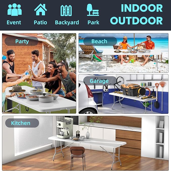 HLPB Folding Table Picnic Table, 8 ft Portable Camping Table with Handle and Safety Locks, Foldable Table Plastic Dining Table Indoor Outdoor for Camping, Picnic and Party-VerdiqueGarden