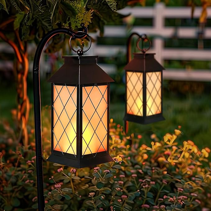 18" Solar Lanterns Outdoor Waterproof, Glass Solar Flickering Flame Lantern Large Hanging Solar Lantern Metal Decorative for Patio Garden Backyard Outside Tabletop (Vintage Black)-VerdiqueGarden