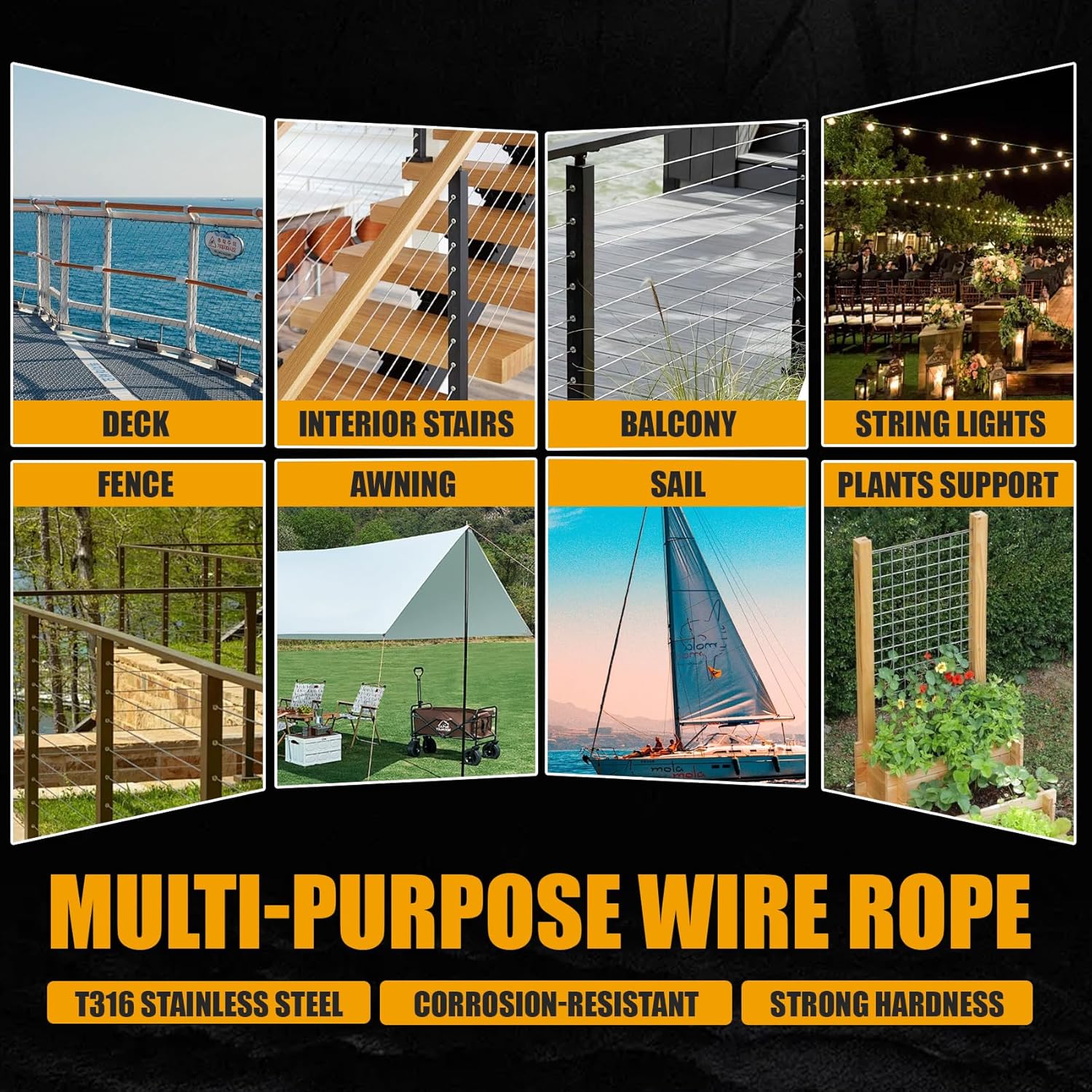 100FT 1/8" Stainless Steel Cable Black 7x7 Strands Aircraft Cable T316 Wire Rope with Cable Cutter 1800lbs Breaking Strength for Deck Cable Railing, Stair, Fence, DIY Balustrades-VerdiqueGarden