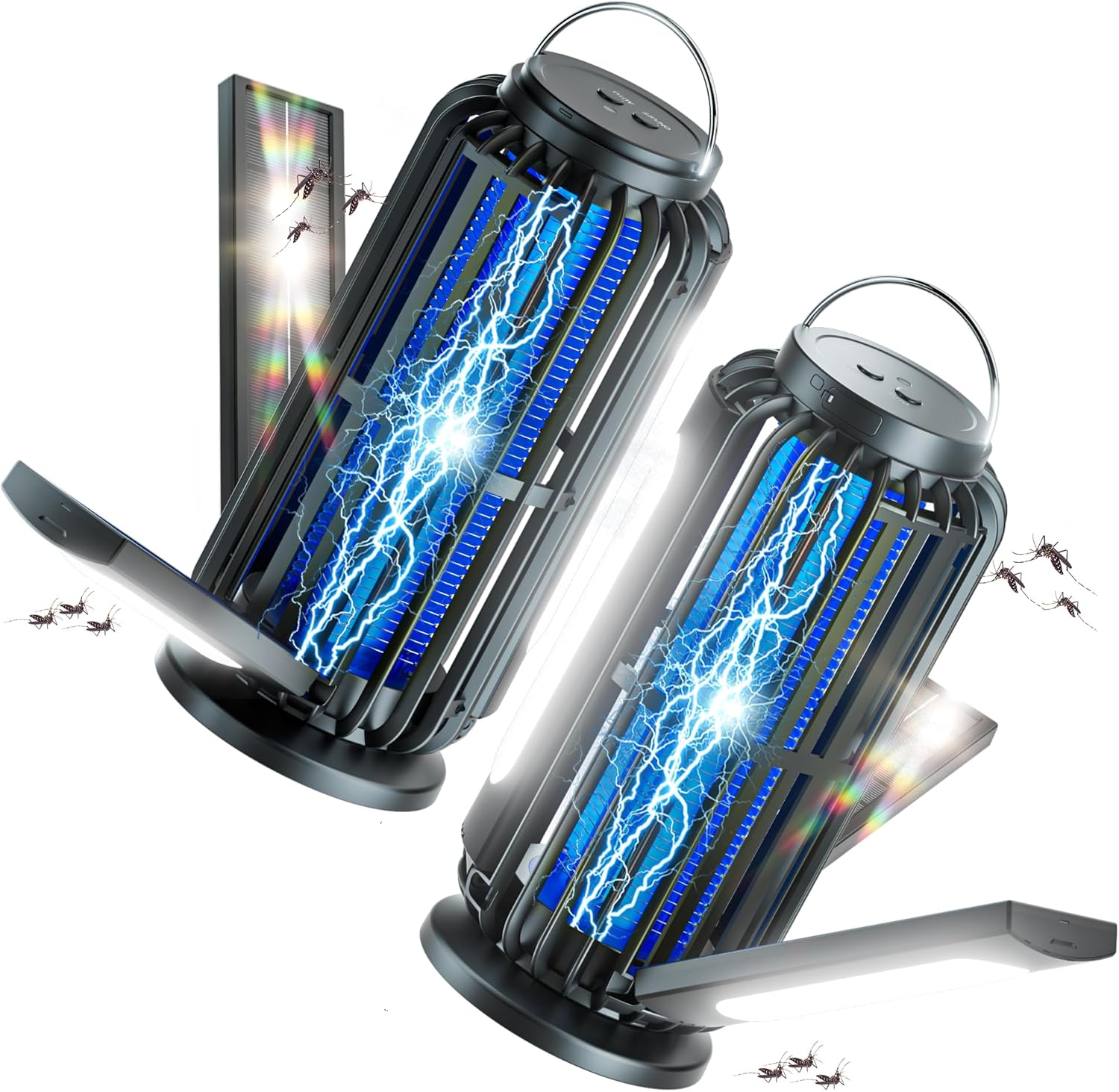 Bug Zapper 2 Pack, Solar Bug Zapper with 3 Solar Charging Panels, IP65 Waterproof Mosquito Zapper, 4200V Mosquito Zapper with LED Light, Outdoor Indoor AUTO ON/Off-VerdiqueGarden