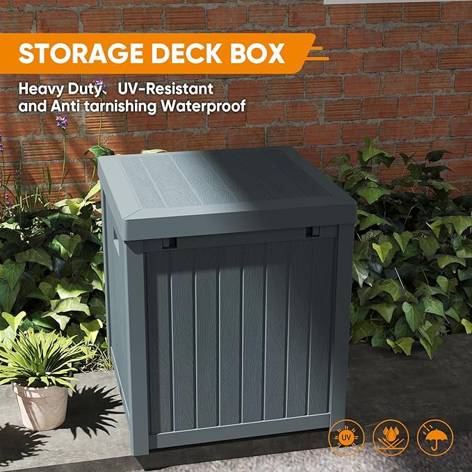 51 Gallon Resin Deck Box, Outdoor Storage Box Waterproof for Patio, Garden, Pool, and Deck, Storage Solution for Cushions, Tools, Delivery Packages, Grey-VerdiqueGarden