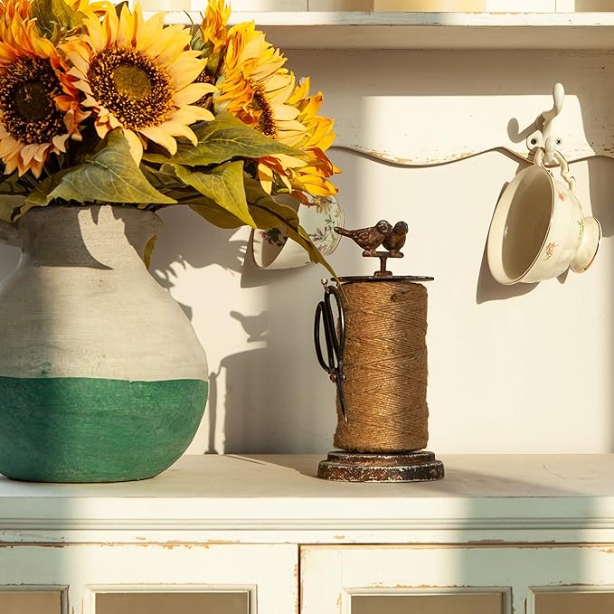 SOFFEE DESIGN Vintage Jute Twine Holder with Scissors for Garden Farmhouse Kitchen Counter Antique Twine Set Birds Rustic Black-VerdiqueGarden