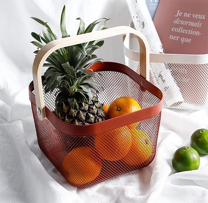 Metal Mesh Steel Basket, Storage Organizer Basket Multi-functional Hanging Kitchen Baskets Fruit Basket Bin with Bamboo Handle for Kitchen Bathroom Picnic Shopping Decor Cabinet Home, Red-VerdiqueGarden