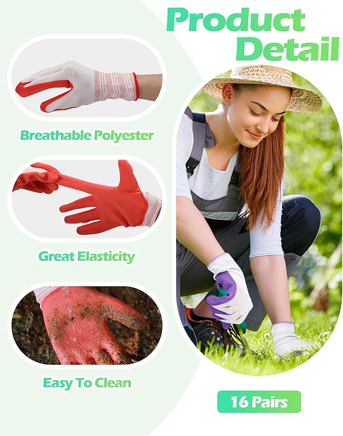 Irenare 16 Pairs Gardening Gloves Bulk for Women Breathable Rubber Coated Yard Garden Gloves Outdoor Protective with Grip-VerdiqueGarden