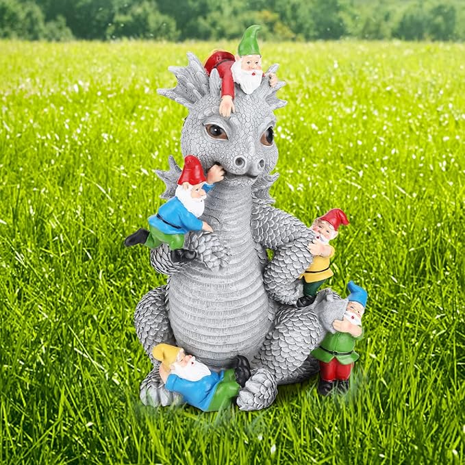 Dragon Gnome Statues Outdoor Decor, 13” Dinosaur Play with Gnomes Garden Statue, Outdoor Statue for All Season Lawn Decor, Garden Decoration, Gardening Gift-VerdiqueGarden