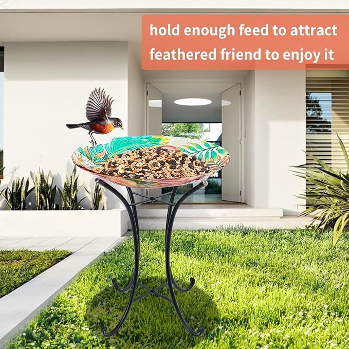 VCUTEKA 18" Outdoor Glass Birdbath with Sturdy Metal Stand for Lawn, Yard, or Garden Decor Bird Lovers Gift, Flamingo Bird Bath Detachable, 22" Height-VerdiqueGarden
