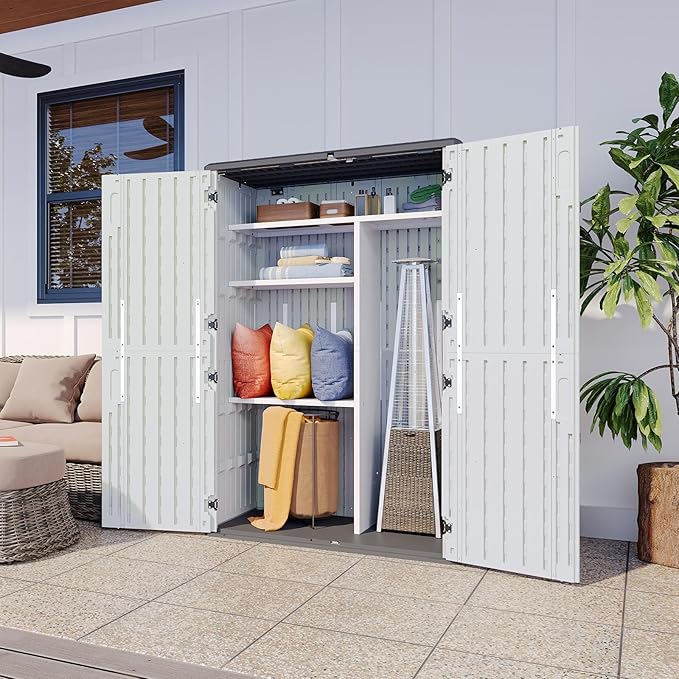 Aoxun Outdoor Resin Storage Shed with Metal Shelving Kit & Floor, 64 Cu.Ft Vertical Waterproof Storage Cabinet for Garage, Pool, Bike, Garden Tools, Patio Furniture (White)-VerdiqueGarden