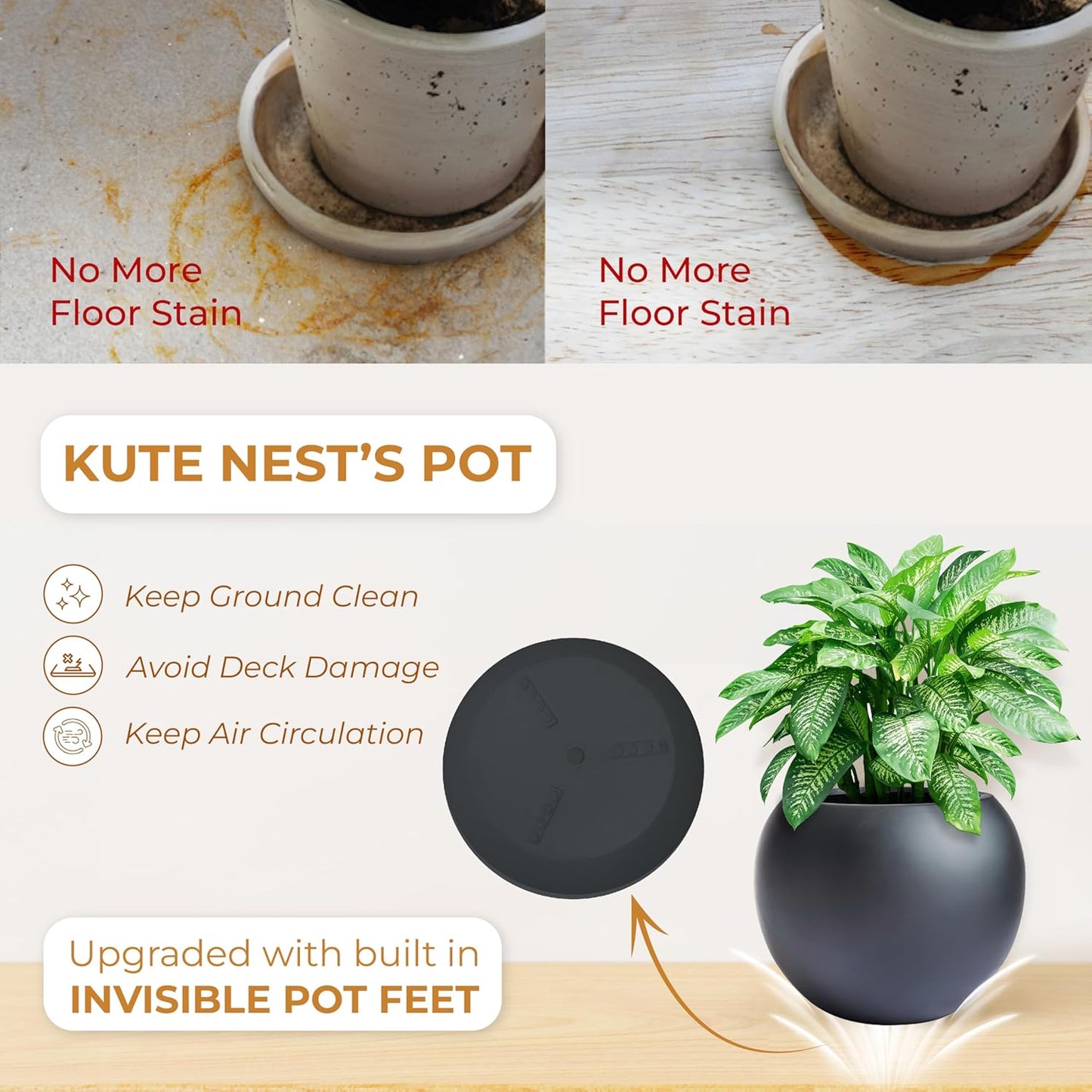 9.7" H x 12" D Globo Fiberstone Round Planter with Drainage Hole, Weather Resistant, Smooth Finish, Planters for Indoor Plants & Outdoor, 2 Extra Coco Mats (Black, 7.8" Pot Opening)-VerdiqueGarden