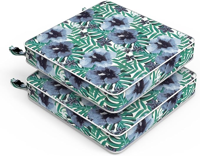 LVTXIII Patio Chair Cushions 22"x22"x3", Water-Repellent Outdoor Seat Cushions for Patio Furniture, Square Chair Pads with Ties for Home Garden Decoration, Set of 2, Blue Salmone Tropical-VerdiqueGarden