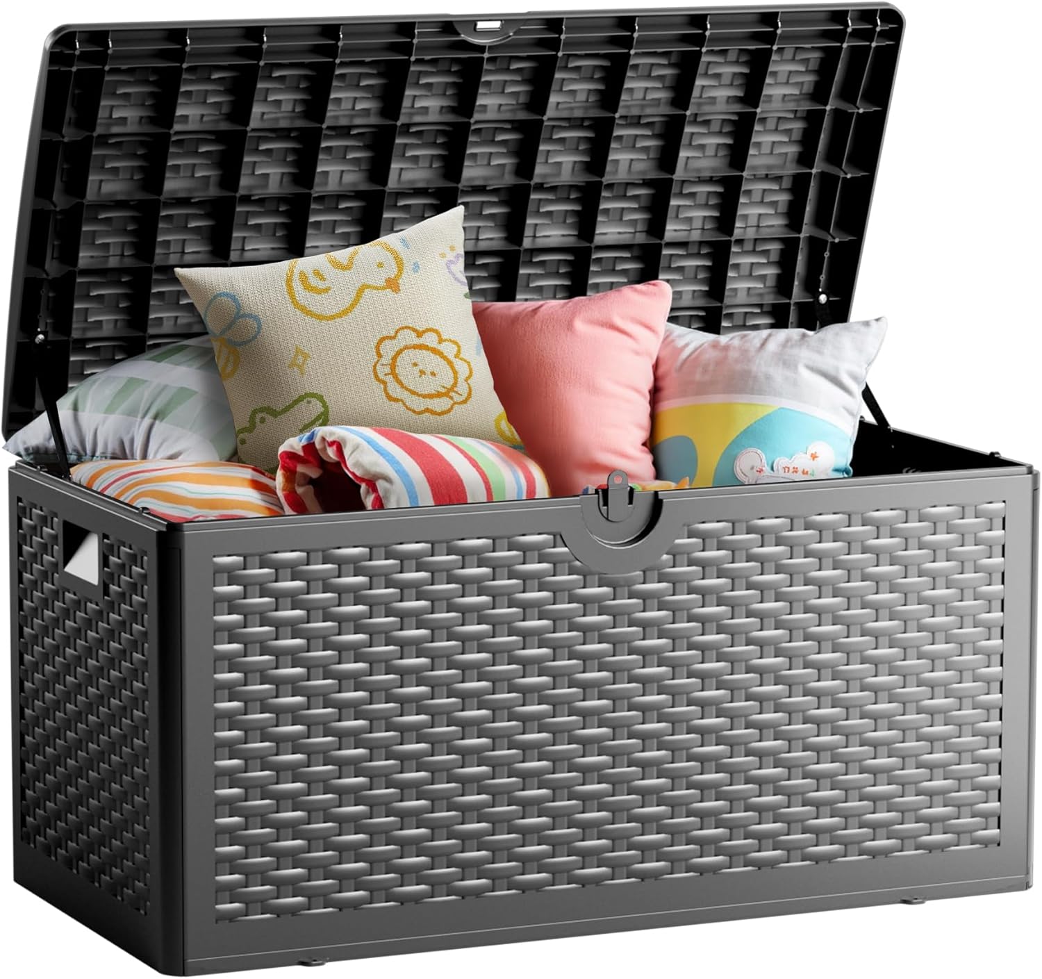80 Gallon Deck Box, Double Layer Waterproof Resin Outdoor Indoor Storage Box, Lockable & UV Resistant Storage Bin for Patio Furniture, Garden Tools, Pool Accessories (Black)-VerdiqueGarden