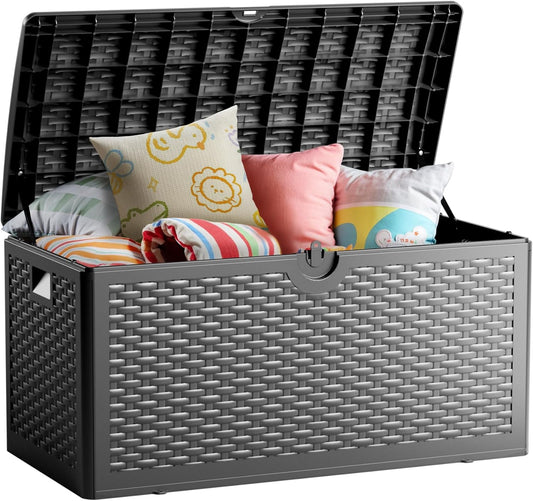 80 Gallon Deck Box, Double Layer Waterproof Resin Outdoor Indoor Storage Box, Lockable & UV Resistant Storage Bin for Patio Furniture, Garden Tools, Pool Accessories (Black)-VerdiqueGarden