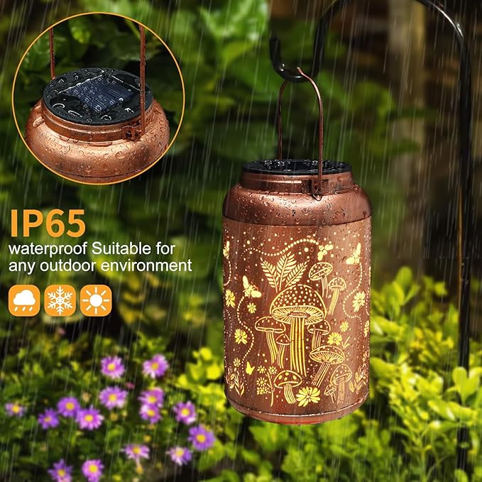 2 Pack Solar Lanterns Outdoor Waterproof, Mushroom Garden Decor Gifts for Women Mom Grandma Hanging Solar Lights Metal Solar Decoration Outside LED Lanterns for Yard, Patio, Lawn-VerdiqueGarden