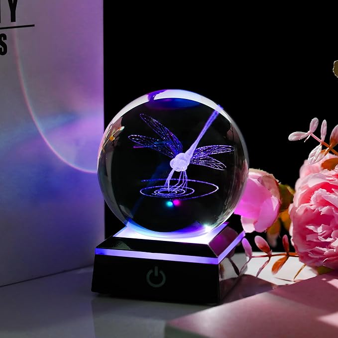 Qianwei Dragonfly Gifts for Women 3D Crystal Ball 3.14'' - Laser Dragonfly Decor Glass Animals Dragonfly Gifts Figurines Statue Stuff for Room Decorations Dragonfly Night Light-VerdiqueGarden