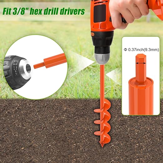 Auger Drill Bit for Planting 4 x 24'', Threaded Garden Auger Post Hole Digger, Spiral Drill Earth Dirt Soil Augers for Bulb, Tulip, Tree, Fence Post and Umbrella Holes, Fits in 3/8” Drill Chuck-VerdiqueGarden