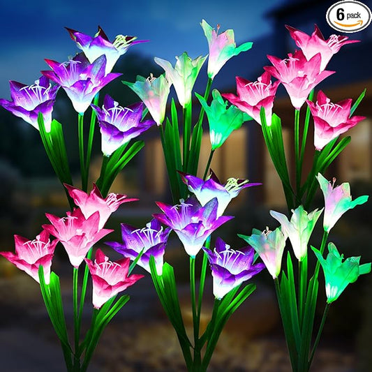 KOOPER Outdoor Solar Lights, 6 Pack Solar Garden Lights with Bigger Lily Flowers, Waterproof 7 Color Changing Solar Lights Outdoor - Bigger Solar Panel for Outdoor Patio Yard Garden Decoration-VerdiqueGarden