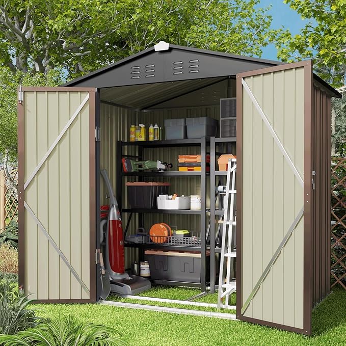 Gizoon Outdoor Storage Shed 6 x 4 FT, Galvanized Metal Garden Shed with Double Lockable Doors, Outdoor Storage Clearance for Backyard Patio Lawn-Light Brown-VerdiqueGarden