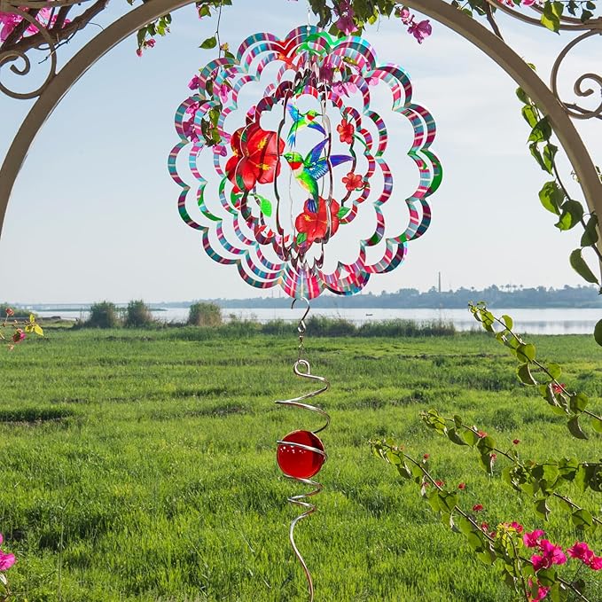 Hummingbird Wind Spinner - Hummingbird Gift for Women Men, Metal Wind Spinners for Outdoor & Indoor Decoration 12in 3D Hanging Bird Wind Catcher Unique Garden Decor Kinetic Yard Art Ornament-VerdiqueGarden