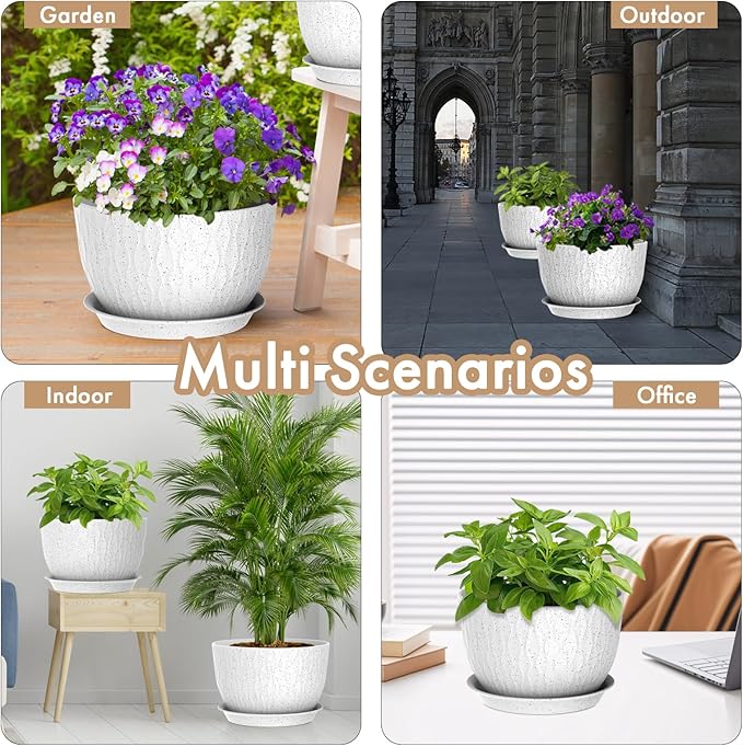 12 Inch Wide Water Ripples Flower Pots for Indoor or Outdoor Plants, Large Plant Pots with Drainage Holes & Saucer, Plastic Planters Set for Garden & Home Decor (White with Black Speckles)-VerdiqueGarden