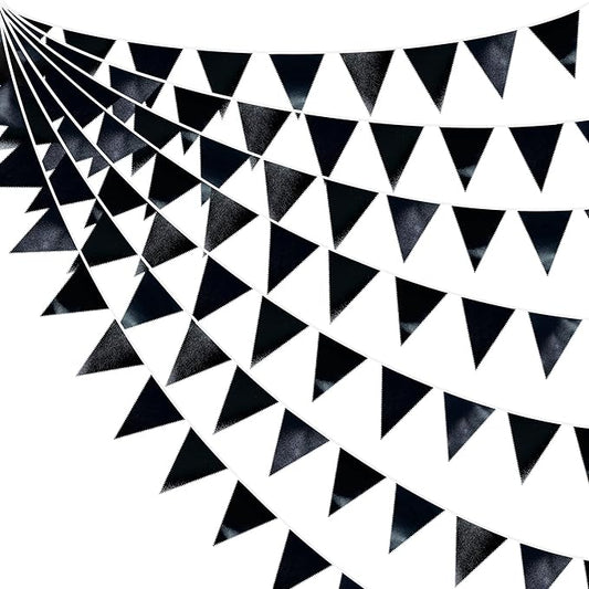 Black Party Decorations Triangle Pennant Banner Flag Black Metallic Fabric Bunting Garland for Graduation Birthday Wedding Engagement Bachelorette Holiday Halloween Celebration Hen Party Supplies-VerdiqueGarden