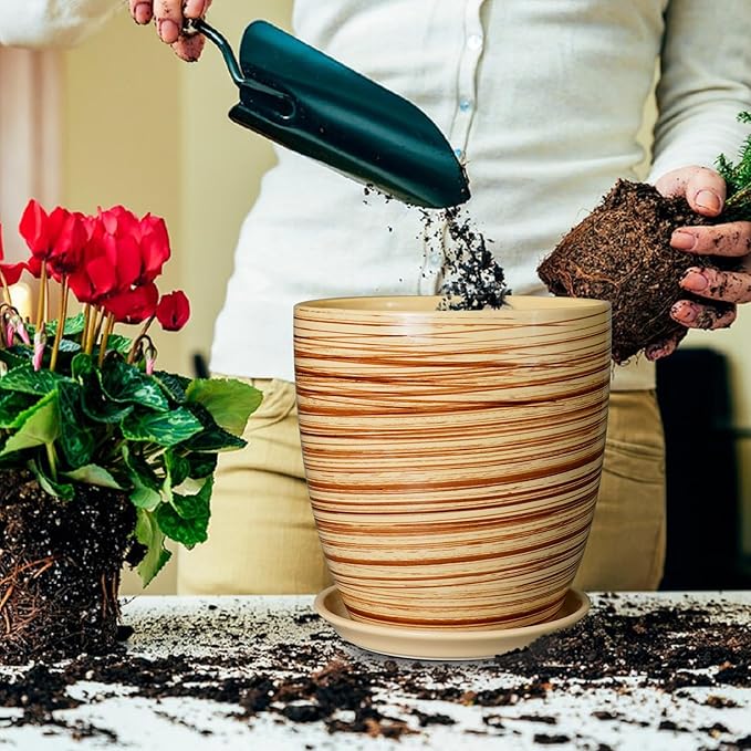 10 Inch Plant Pot Ceramic Pots for Plants with Drainage Hole and Saucer Round Flower Pot for Home Patio Garden Office Yellow-VerdiqueGarden