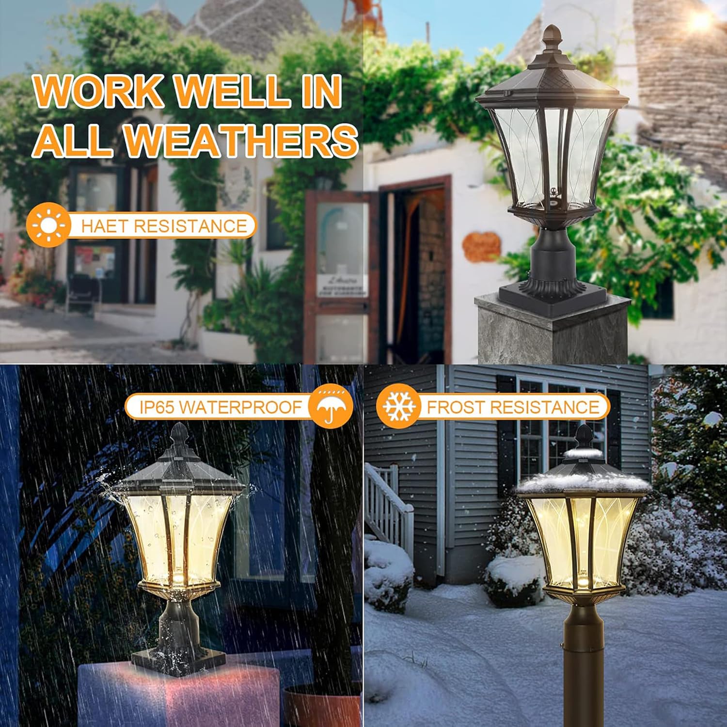 Solar Post Lights Dusk to Dawn Outdoor Solar Lamps with Pier Mount Base, Waterproof Exterior Pole Lights Head with Patterned Glass, Pillar Light for Outside House, Driveway, Black-VerdiqueGarden