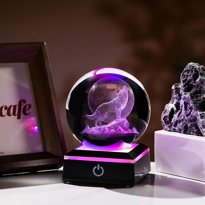 Qianwei Wolf Gifts: 3D Crystal Ball - 3.14'' Laser Decor Glass Animals Figurines Statue & Night Light-VerdiqueGarden