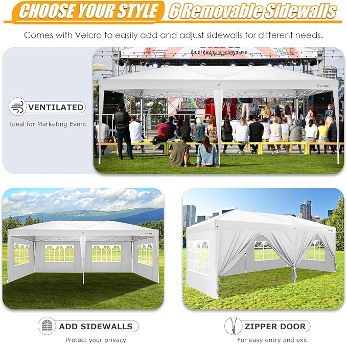 HOTEEL 10x20 Pop up Canopy with Sidewalls, One Push Outdoor Tents for Parties Waterproof Canopy Tent with Reinforce Rod, Easy Setup Event Tent with Sandbag for Backyard, Camping, Wedding, White-VerdiqueGarden