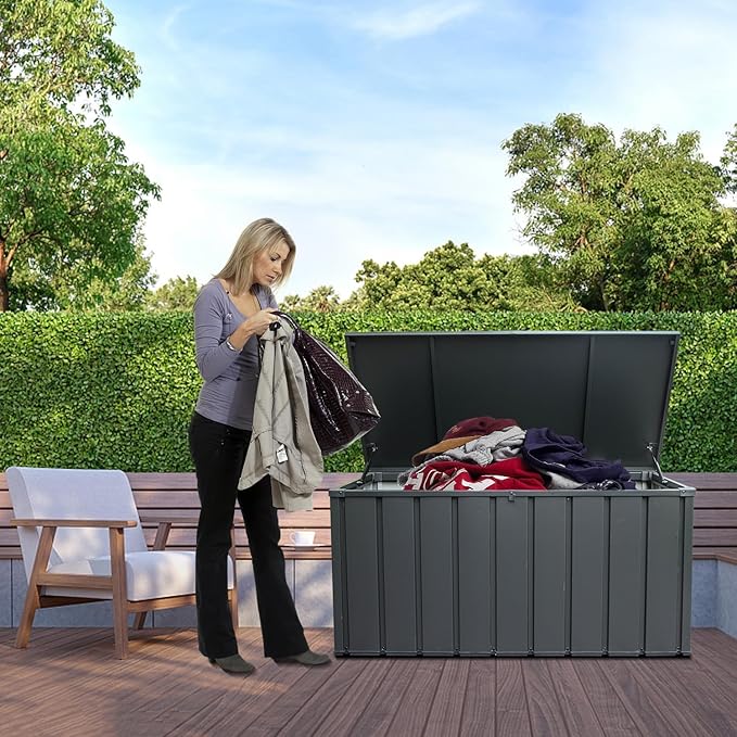 Domi Deck Box 160 Gallon, Waterproof Lockable Steel Outdoor Storage Container for Outside Cushions, Garden Tools and Pools Equipment, Gray-VerdiqueGarden
