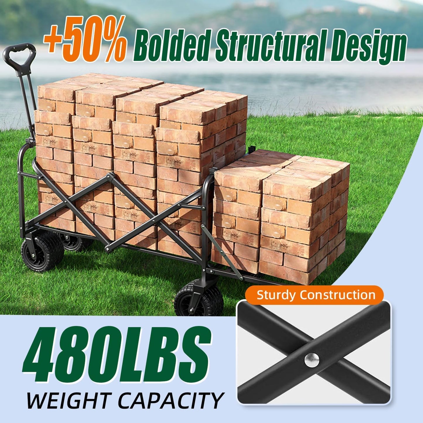 Collapsible Wagon Cart Foldable with Tailgate, 47" L 480lbs Capacity, Heavy Duty Beach Wagon with Wheels Brake, Shopping Carts for Grocery, Camping, Beach, Garden Cart-VerdiqueGarden