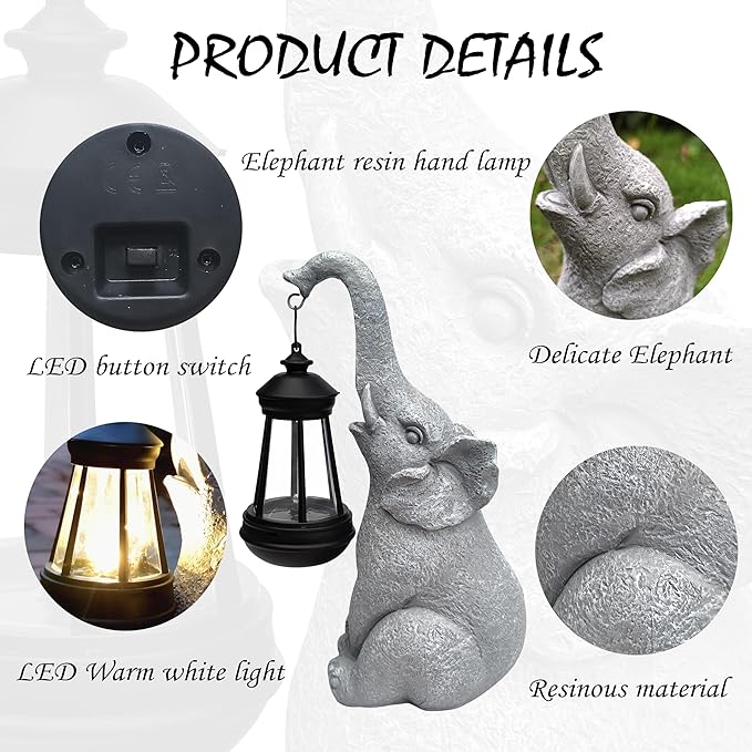 Elephant Solar Garden Statues,Resin Elephant Figurine Decorations with Solar Lights Lantern, Outdoor Elephant Decor Art for Lawn,Yard, Unique Housewarming Gift for Garden Home, VY-0617-VerdiqueGarden