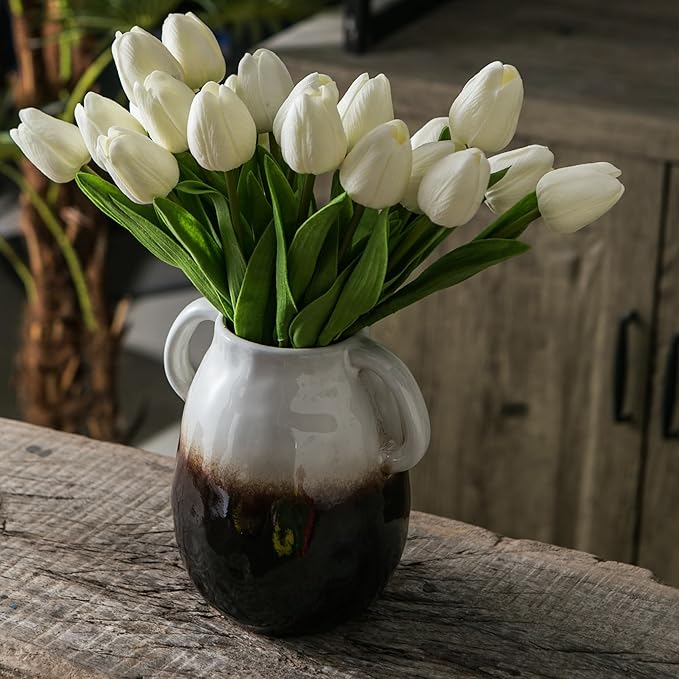 White Gradient Ceramic Vase with 2 Handles, Modern Farmhouse Decor, Rustic Terracotta Pottery, Decorative Flower Vases, Clay Small Vase, Centerpiece for Dining Table - 7 Inch Tall-VerdiqueGarden