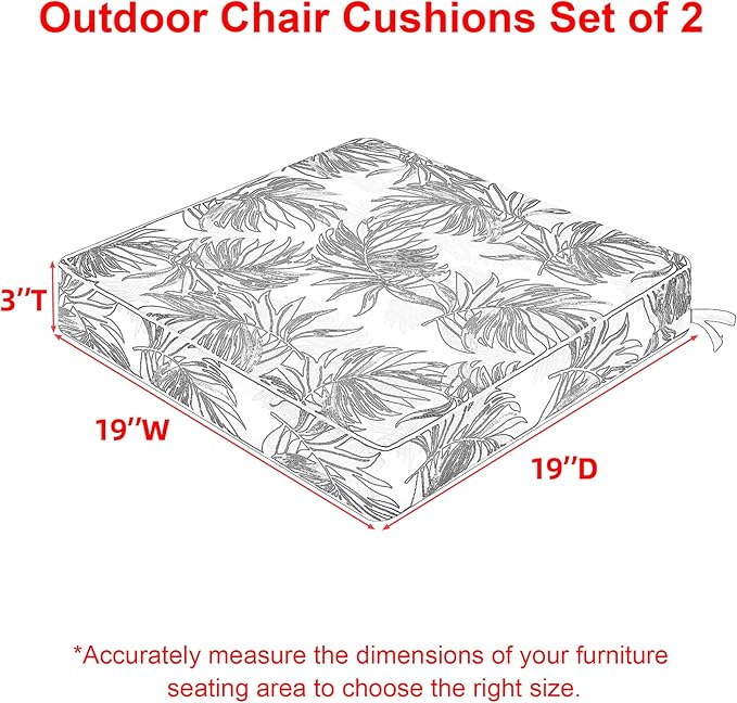 Favoyard Outdoor Chair Cushion 19 x 19 x 3 In Waterproof Pattern Fade Resistant Cushions for Patio Furniture with Removable Cover Attach Straps 28D Foam Insert Cushions Pads for Seat Sofa Couch 2 Pack-VerdiqueGarden