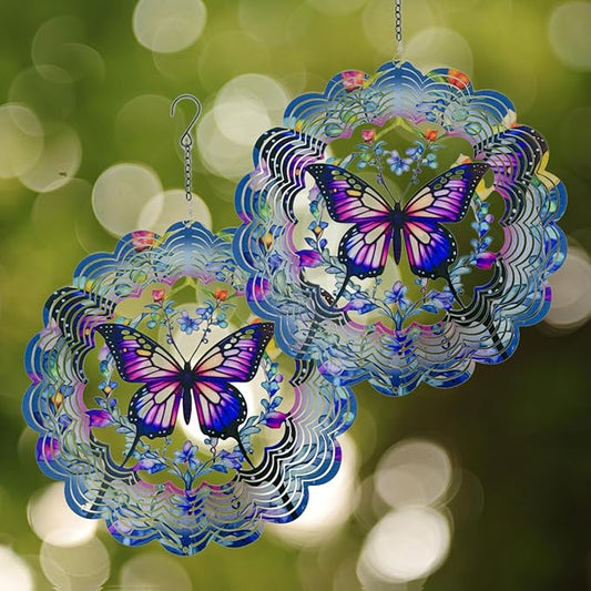 Wind Spinners 2 Pack Metal Butterfly - Butterfly Gifts for Women Mom Grandma Wife, Hanging Wind Spinner for Outdoor & Indoor Decorations, 12 inch 3D Wind Spinner for Ornament Gifts-VerdiqueGarden