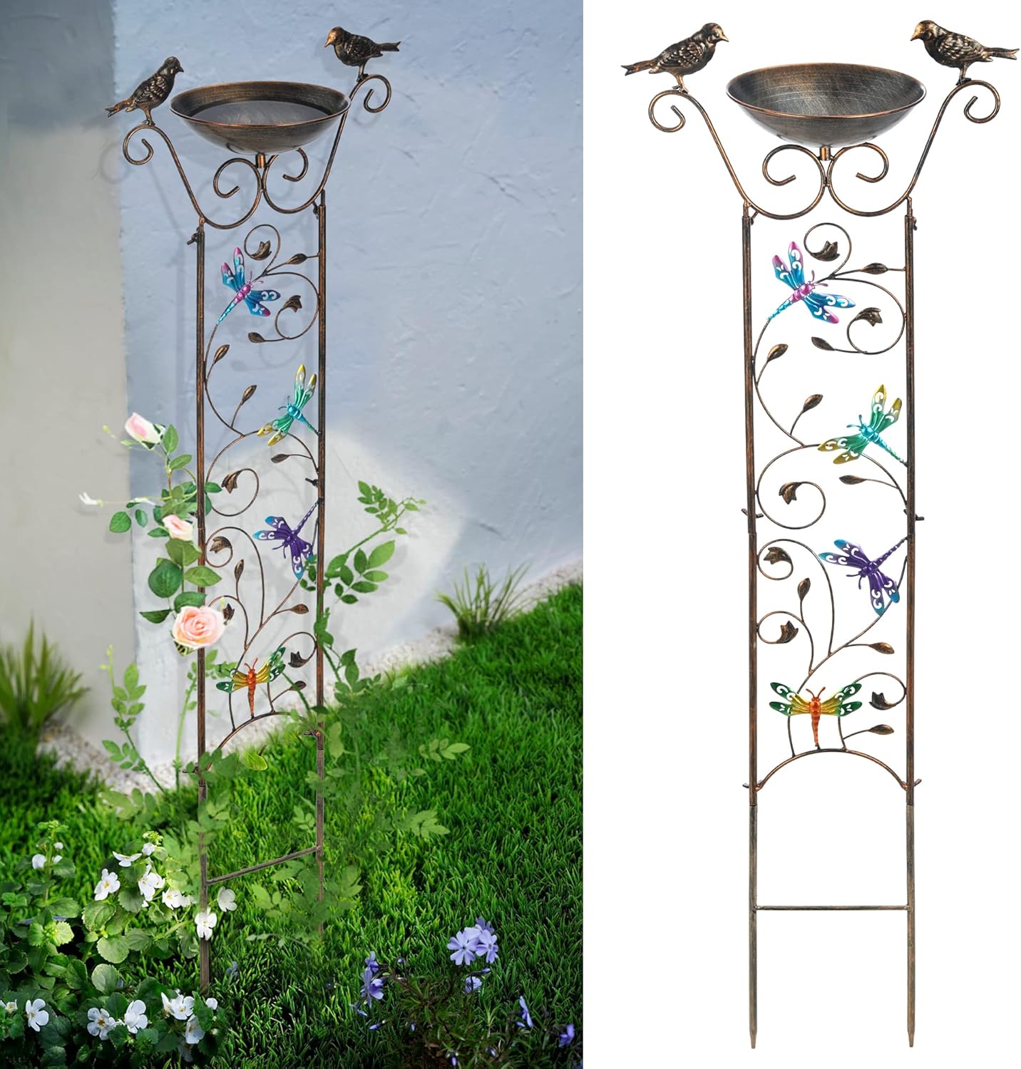 SUNNYPARK Bird Bath with Trellis Outdoor, Antique Garden Iron Plant Trellis with Decorative Dragonfly Detachable Bird Bath Bowl Metal Potted Plant Support for Climbing Flowers-VerdiqueGarden