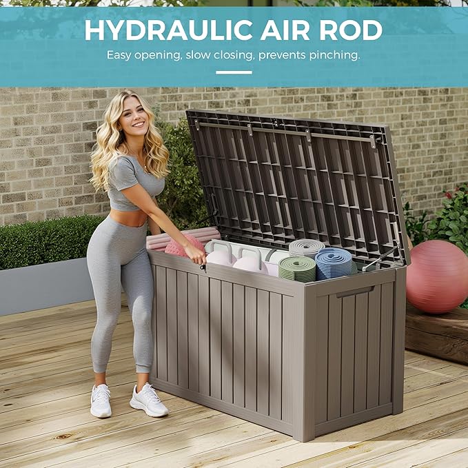 KAMABOKO Outdoor Storage Box, 150 Gallon Large Outdoor Resin Deck Box, Storage Waterproof Boxes Lockable Lid for Garden Tools, Pool Supplies, Patio Furniture and Cushions, Grey-VerdiqueGarden