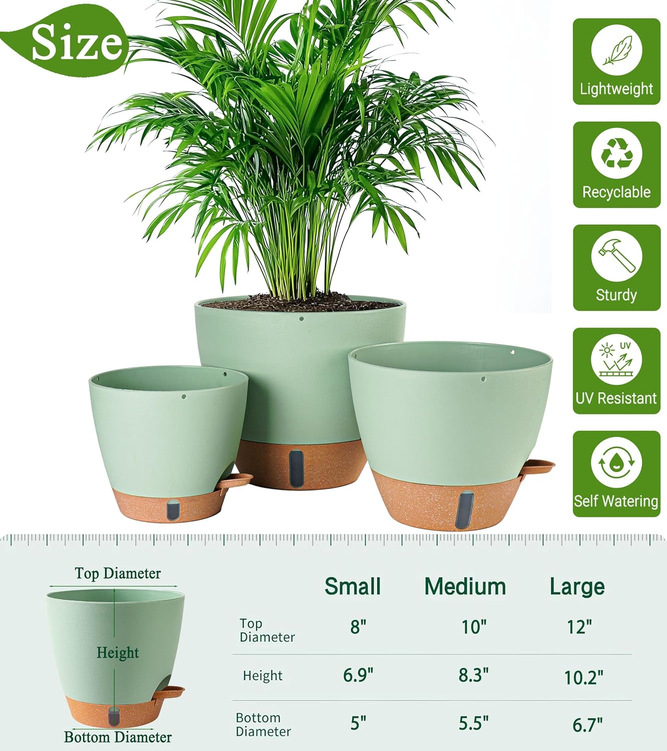 8/10/12 Inch Self Watering Pots for Indoor/Outdoor Plants - Large Plastic Planter with Drainage Holes, Water Level Indicator & Deep Reservoir, Modern Decorative Flower Pots (Green)-VerdiqueGarden