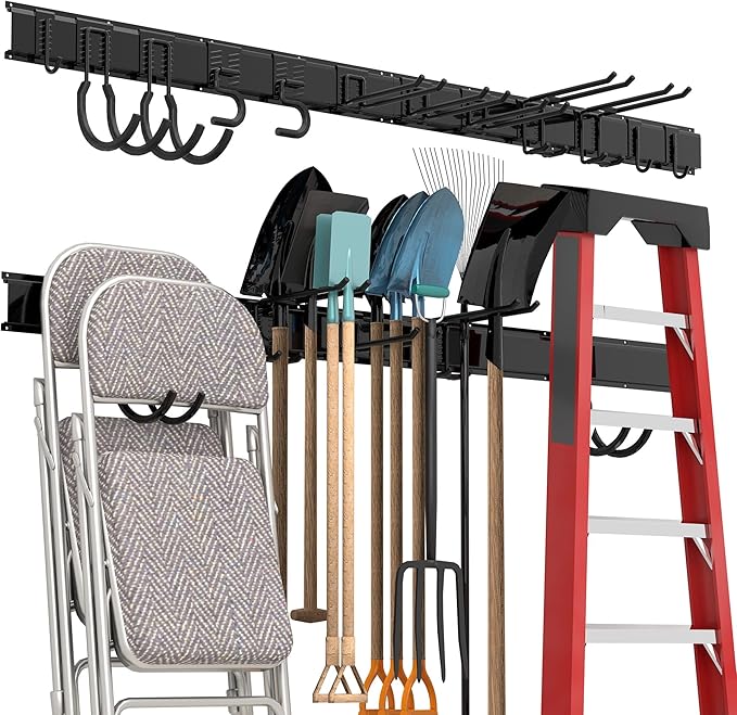 Garage Tool Storage Rack, Heavy Duty Garage Storage Organizer Rack System Wall Mounted Tool with 12 double hooks, 4 rails Garden Tool Rack-VerdiqueGarden