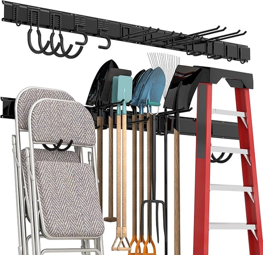 Garage Tool Storage Rack, Heavy Duty Garage Storage Organizer Rack System Wall Mounted Tool with 12 double hooks, 4 rails Garden Tool Rack-VerdiqueGarden
