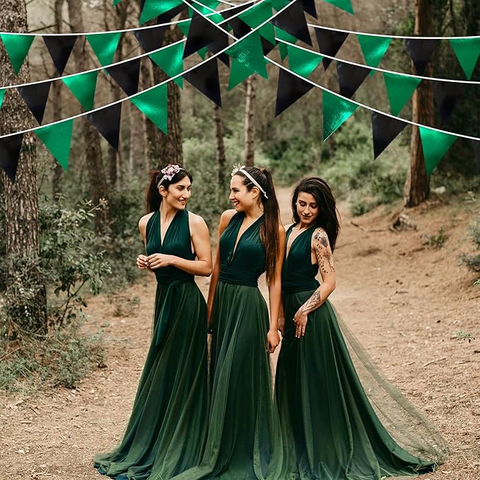 Black Green Party Decorations Metallic Fabric Triangle Pennant Banner Flag Bunting Garland for Video Game Soccer Birthday Graduations Wedding Bachelorette Halloween Outdoor Holiday Party Supplies-VerdiqueGarden