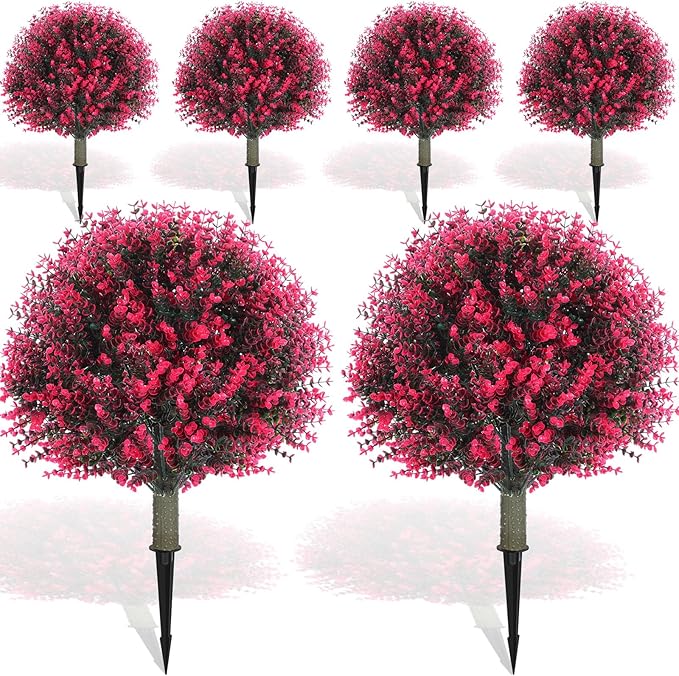 Yunlly 6 Pcs 18 Inch Artificial Boxwood Ball Topiary Tree Fake Outdoor Plants Bush, UV Resistance Faux Shrubs with Spike Realistic Greenery Potted for Indoor Garden Yard Porch Patio Decor (Rose Red)-VerdiqueGarden
