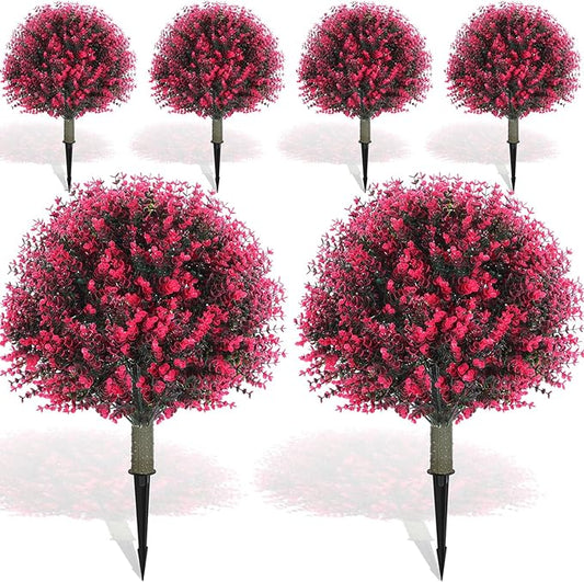 Yunlly 6 Pcs 18 Inch Artificial Boxwood Ball Topiary Tree Fake Outdoor Plants Bush, UV Resistance Faux Shrubs with Spike Realistic Greenery Potted for Indoor Garden Yard Porch Patio Decor (Rose Red)-VerdiqueGarden