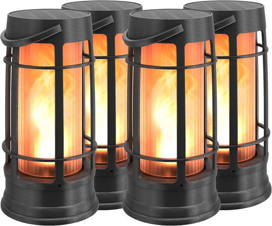 Metal Outdoor Solar Lantern, Flickering Solar Lanterns Outdoor Waterproof with Patented LED, Outdoor Lanterns for Porch, Patio, Garden, Tabletop, Hanging Use, Matte Black (4 Pack)-VerdiqueGarden