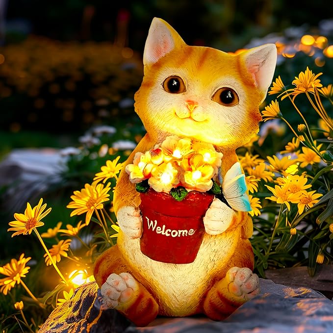 GIGALUMI Solar Garden Decor Flower Pot Cat Statues Outdoor, Birthday Gifts for Women, Gifts for Mom Grandma Senior Elder, Cat Ornament for Balcony, Garden, Patio, Yard, Lawn-VerdiqueGarden