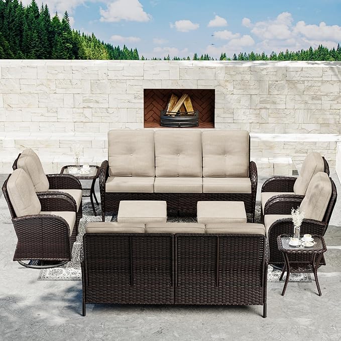 Joyside 10 Piece Patio Furniture Set, Outdoor Wicker Conversation Sets with Swivel Rocker Chairs and Sofa, Thick Cushion, Rattan Patio Sectional for Porch, Deck Use (Brown/Beige, 10 PCS)-VerdiqueGarden