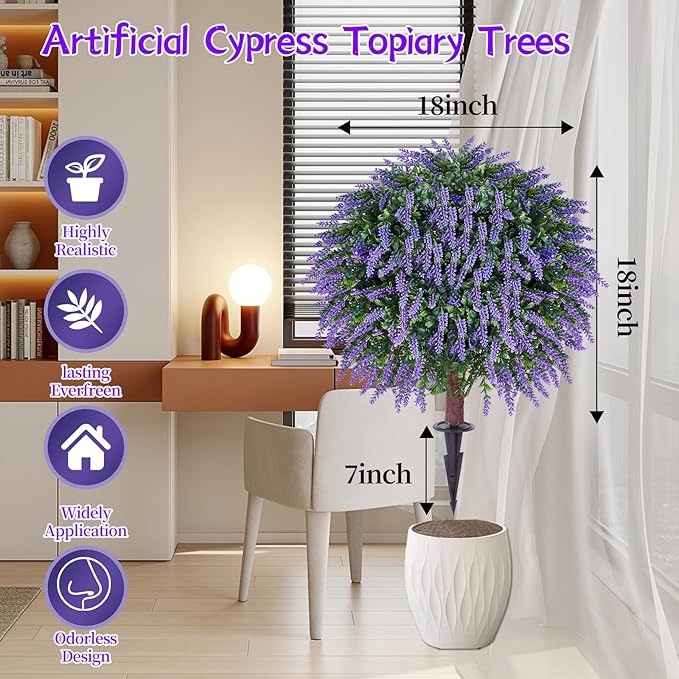 Artificial Lavender Topiany Ball Trees Set of 2,17” Resistant Fake Evergreen Shrubs with Ground SpilRealistic Outdoor Indoor Plants for Garden Porch Maintenance-Free Potted-VerdiqueGarden